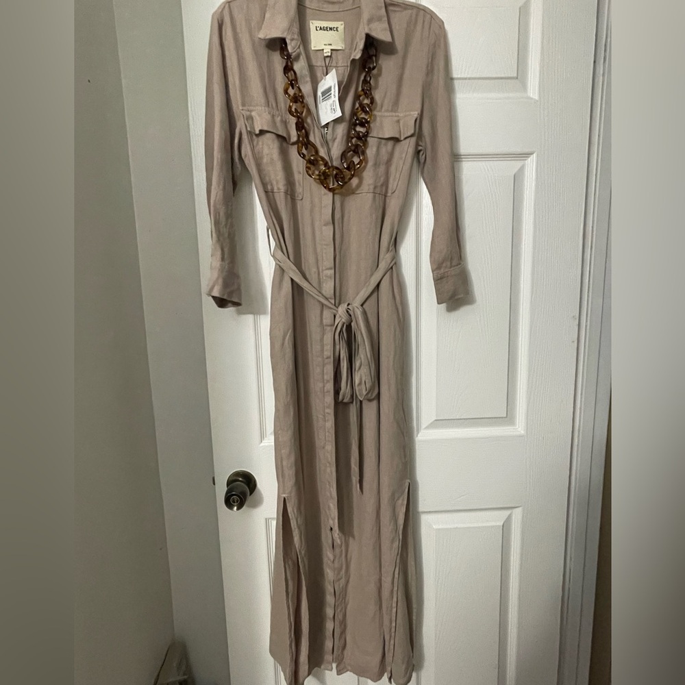 L'AGENCE Cameron Belted Linen Dress Size M With Pockets Tan